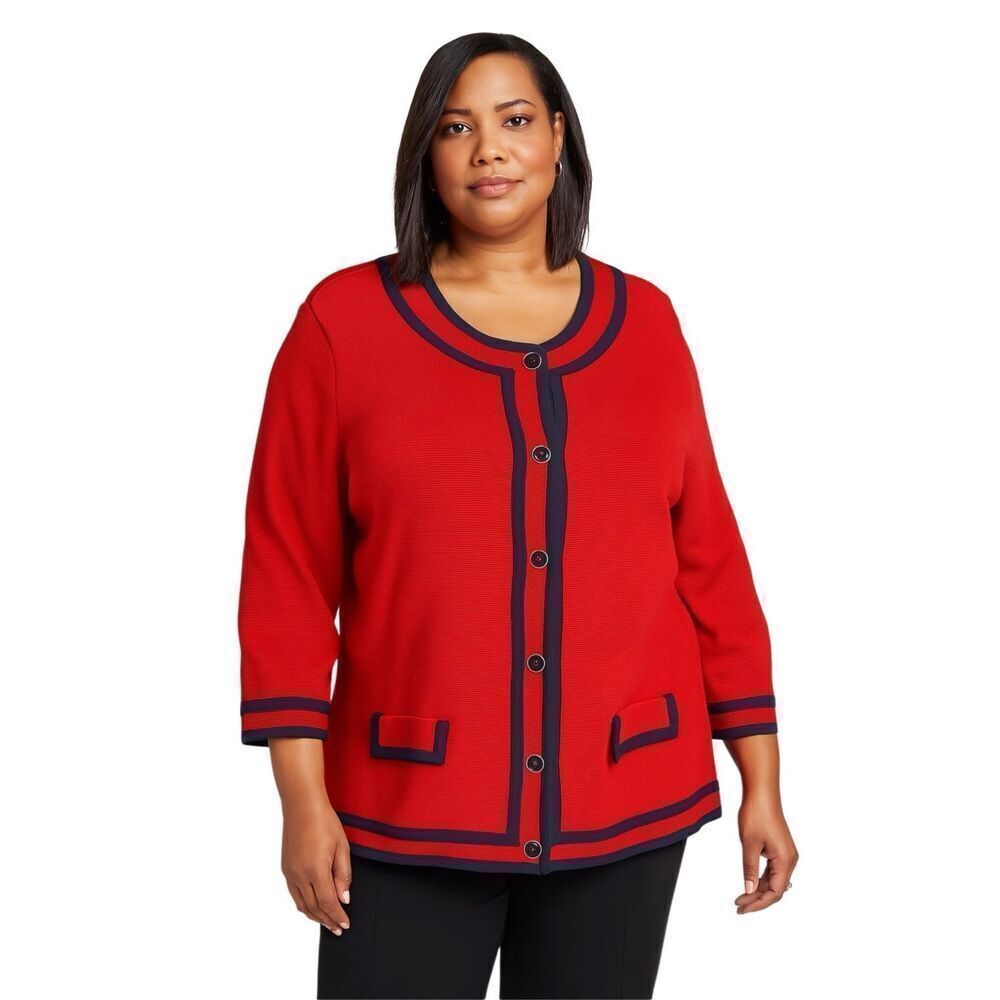 Talbots Red Navy Blue Trim Knit 3/4 Sleeve Cardigan Sweater Size 3XL